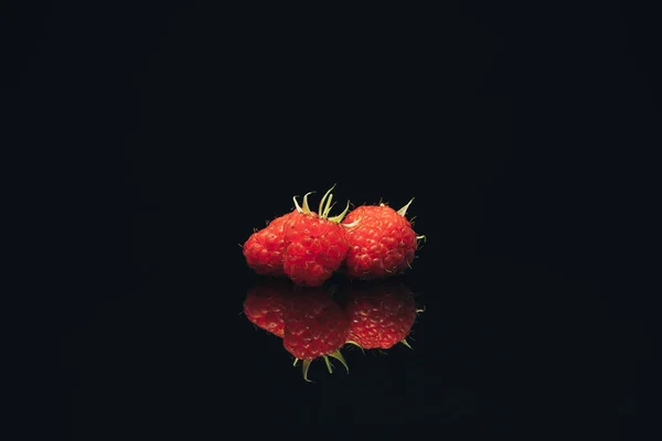 Beautiful Three Fresh Raspberry Black Glass Table Dark Background — Stock Photo, Image