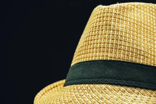Close Straw Hat Black Glass Table Background — Stock Photo, Image