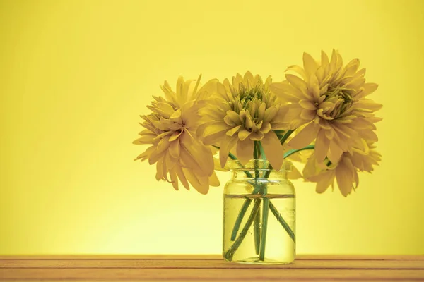 Mooie Gele Bloemen Een Oude Rode Houten Tafel Gele Achtergrond — Stockfoto