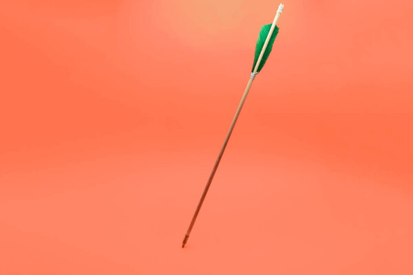 Старая зеленая деревянная стрела на красивом персиковом фоне
.