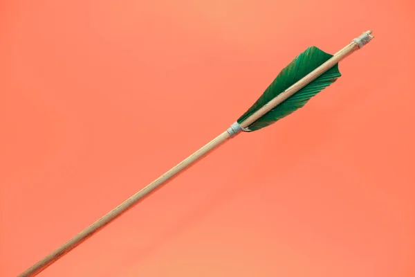 Antigua Flecha Madera Verde Sobre Hermoso Fondo Melocotón —  Fotos de Stock