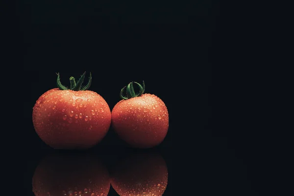 Fresh Two Tomato Black Glass Table Dark Background — Stock Photo, Image