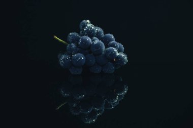 Siyah cam masa ve koyu arka plan üzerinde bir taze asma mavi üzüm