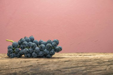 Eski bir meşe ahşap masa ve kırmızı duvar arka plan üzerinde güzel şarap Kadarka üzüm.