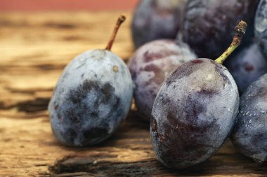 Eski meşe ahşap masa arka plan üzerinde güzel taze mavi erik kapatın. Makro görünümü.