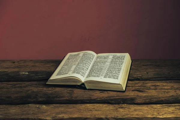 Beautiful Open Holy Bible Old Oak Wooden Table Dark Red — Stock Photo, Image