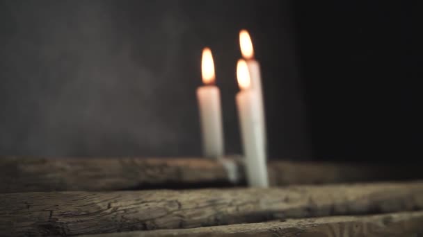 Close Beautiful Burned Candles Old Oak Wooden Table Dark Gray — Stock Video
