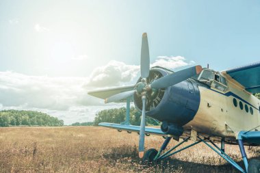 Bir orman ve gökyüzü arka plan üzerinde güzel mavi ve sarı uçak. Vintage uçak.