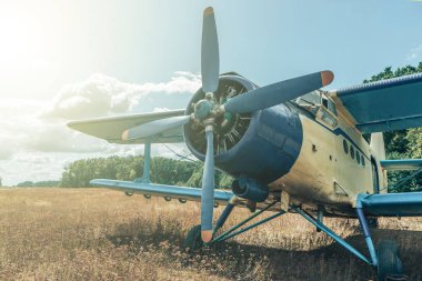 Bir orman ve gökyüzü arka plan üzerinde güzel mavi ve sarı uçak. Vintage uçak.