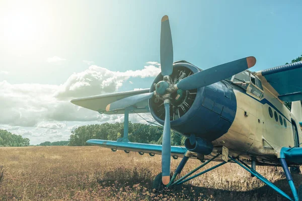 Bir orman ve gökyüzü arka plan üzerinde güzel mavi ve sarı uçak. Vintage uçak.