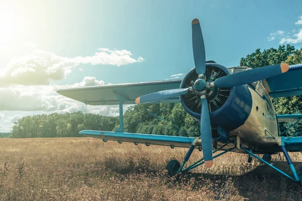 Bir orman ve gökyüzü arka plan üzerinde güzel mavi ve sarı uçak. Vintage uçak.