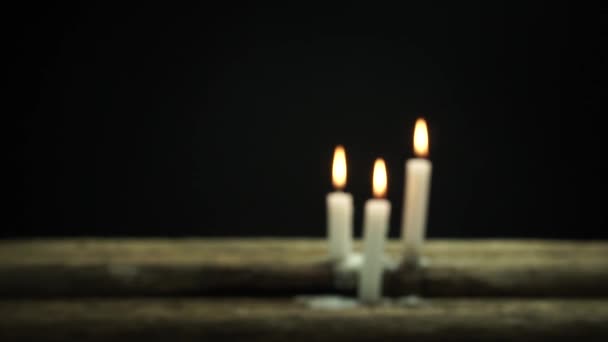 Beautiful Three White Burned Candles Old Oak Wooden Table Black — Stock Video