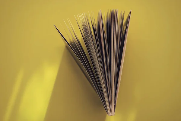 Beautiful book top view on a yellow background table.