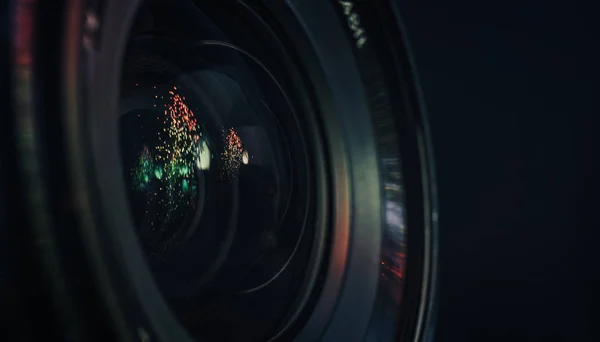 Close Beautiful Camera Aperture Lens Multi Colored Light Glass Reflection — Stock Photo, Image