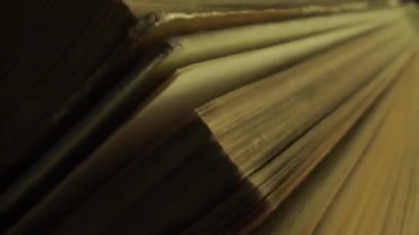 暗い背景に美しい古いページの本の回転をクローズアップ — ストック動画