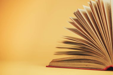 Sarı arka planda güzel, açık kırmızı bir kitap.