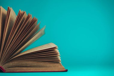 Aquamarine arka planında güzel açık kırmızı bir kitap.