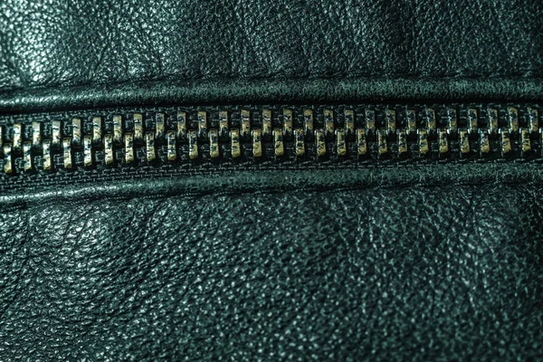 Close Beautiful Zipper Natural Black Leather Texture Background Stitching Macro — Stock Photo, Image