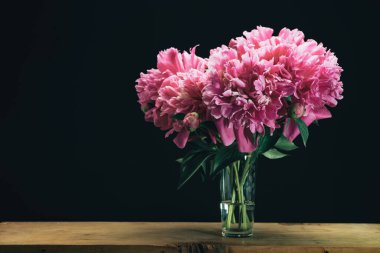 Kahverengi ahşap ve siyah bir arka planda vazodaki güzel şakayık çiçekleri..