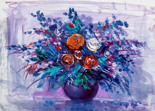 Peinture Huile Bouquet Roses Style Impressionniste — Photo