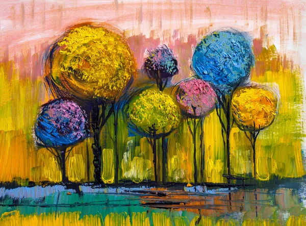 Oil painting landscape, colorful  trees.  Hand Painted Impressionist, outdoor landscape.