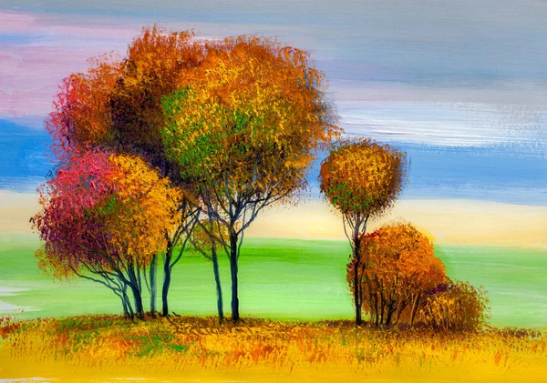 Landschap Olieverfschilderij Kleurrijke Bomen Hand Geschilderd Impressionist Buiten Landschap — Stockfoto