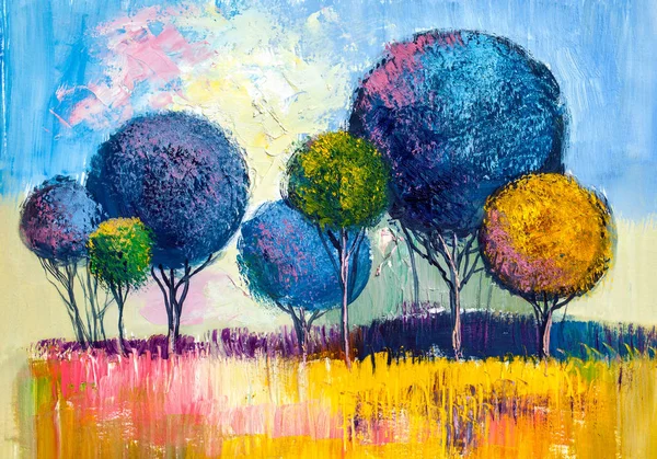 Paisagem Pintura Óleo Árvores Coloridas Impressionista Pintado Mão Paisagem Livre Fotografia De Stock