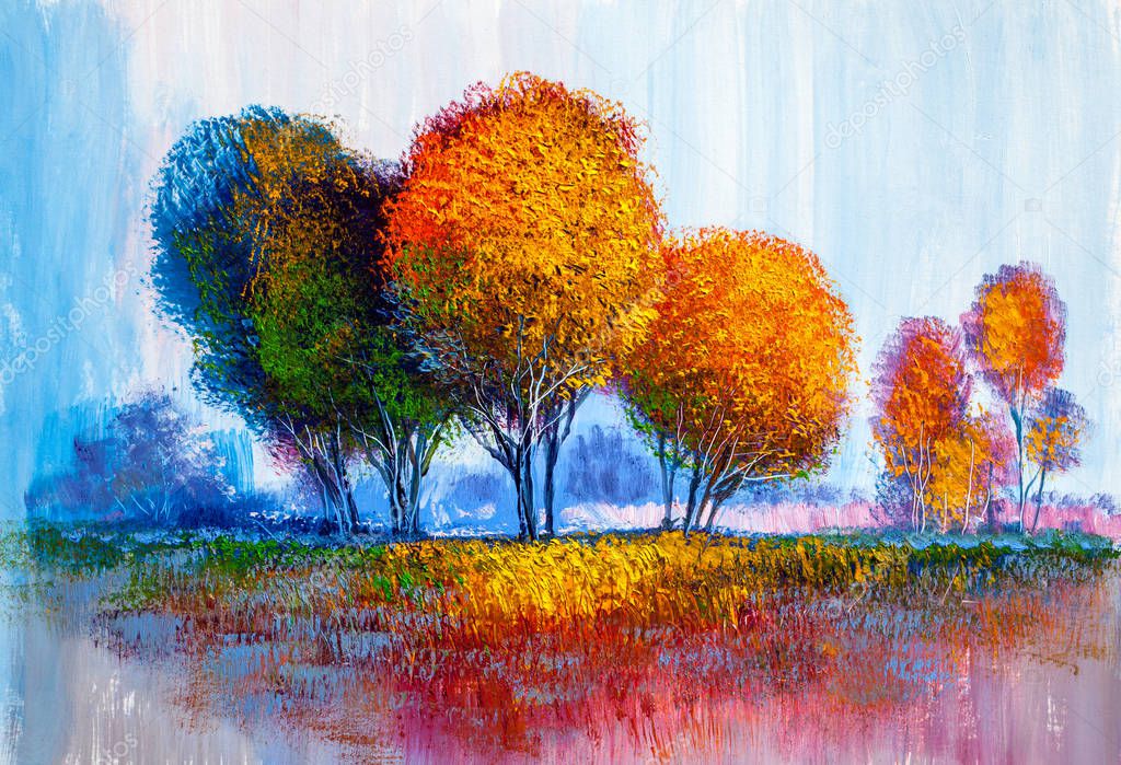 Oil painting landscape, colorful  trees.  Hand Painted Impressionist, outdoor landscape.