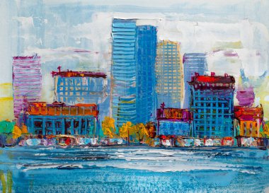 Gökdelenlerin sanatsal tablo. Özet Stil. Cityscape yağlı boya.