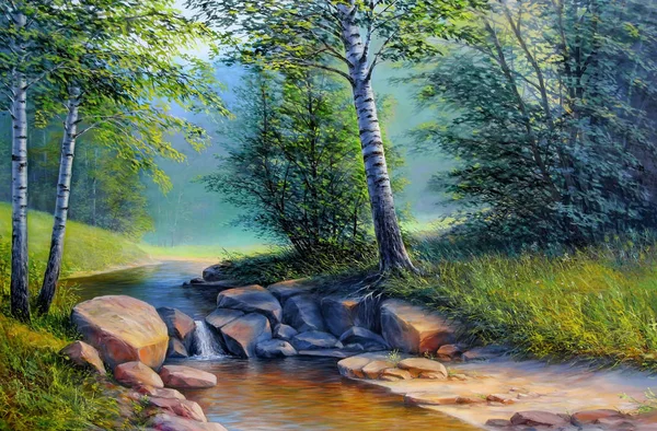 Pintura Hermoso Río Con Cascadas Bosque Pinturas Óleo Bellas Artes — Foto de Stock