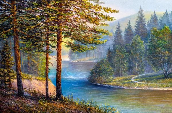 Manzara, orman çam ve köknar ağaçları, taşlar ve yeşil çim bir nehir kıyısında. Yağlıboya resim .
