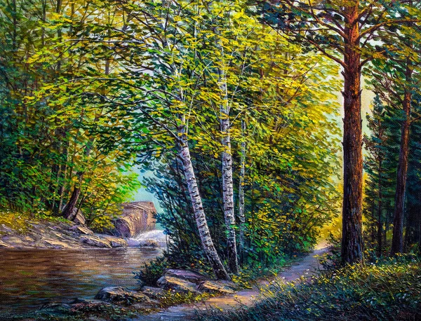 Pintura Hermoso Río Con Cascadas Bosque Pinturas Óleo Bellas Artes — Foto de Stock