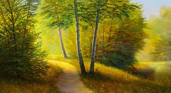 Peinture Huile Paysage Forêt Été Colorée Belle Rivière — Photo
