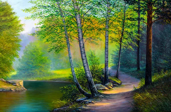 油絵の風景 カラフルな夏の森 美しい川 — ストック写真
