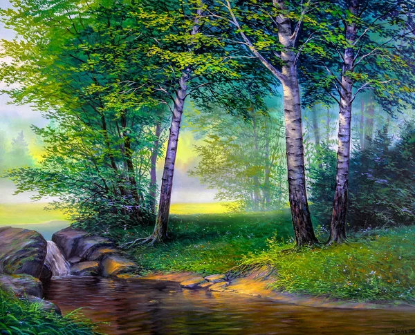 Oil painting landscape, colorful summer forest, beautiful river with a waterfall