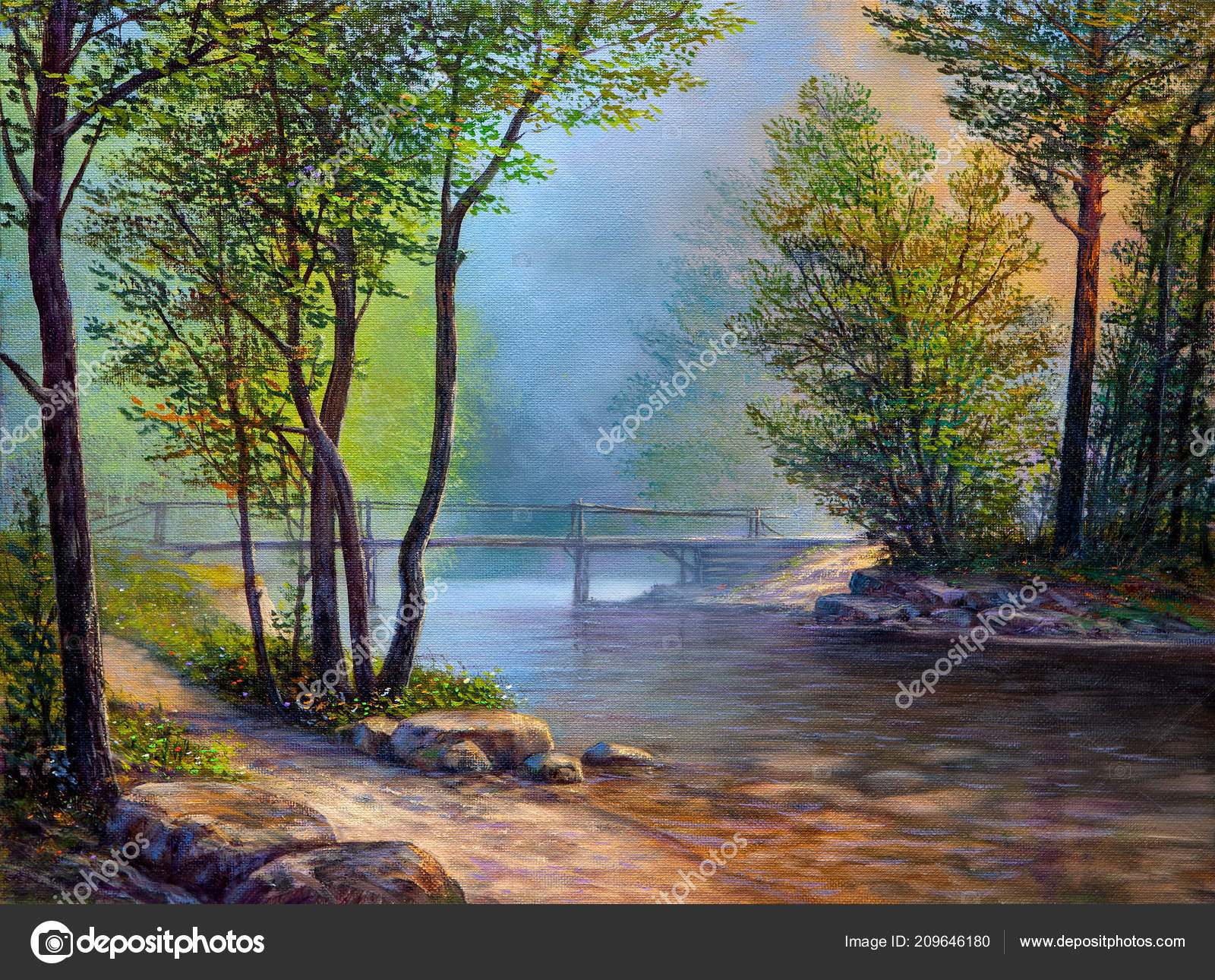 油画风景多姿多彩的夏天森林美丽的河有一座桥——图库图片© sbelov #209646180 油画风景多姿多彩的夏天森林美丽的河有一座桥——图库图片© sbelov #209646180