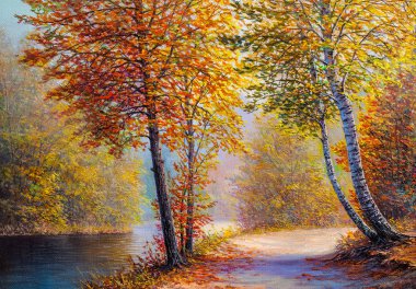 Sonbahar orman Nehri yakınında turuncu bırakır. Yağlı boya peyzaj.