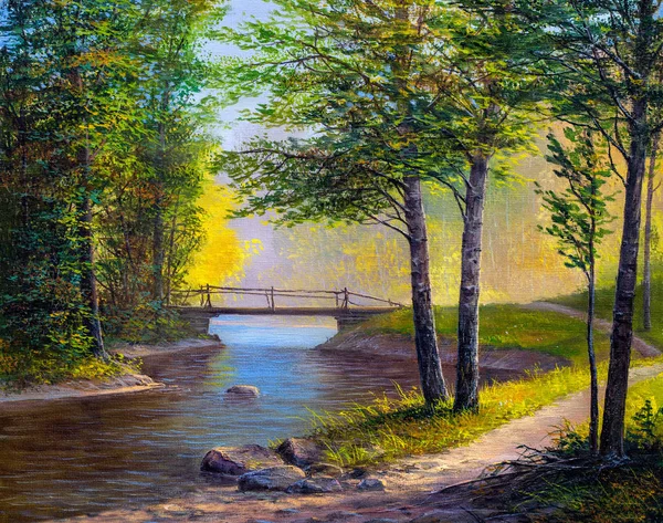Peinture Huile Paysage Forêt Été Colorée Belle Rivière Avec Pont — Photo