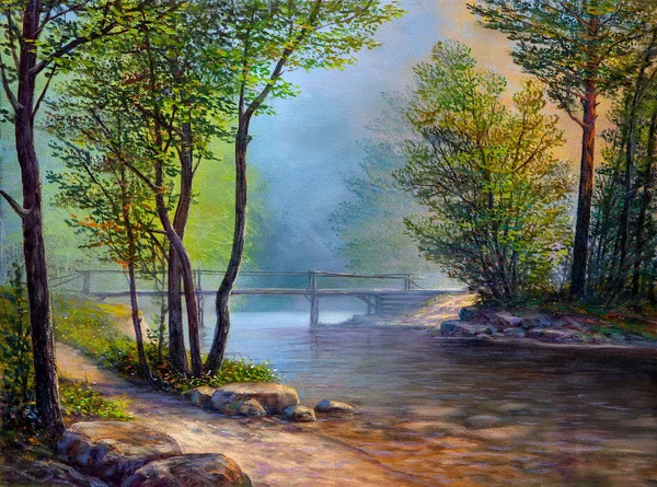 Peinture Huile Paysage Forêt Été Colorée Belle Rivière Avec Pont — Photo