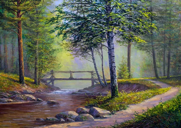 Pintura Óleo Paisaje Colorido Bosque Verano Hermoso Río Con Puente — Foto de Stock