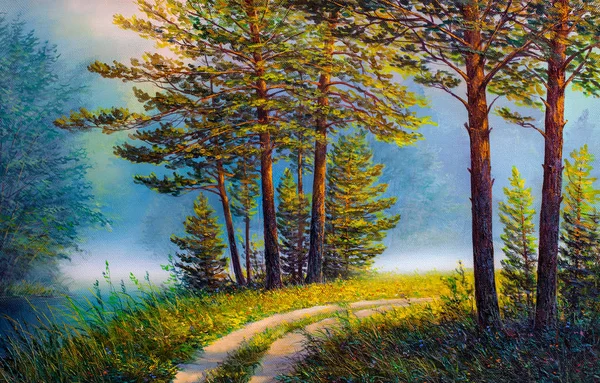 油絵の風景 色鮮やかな夏の森 — ストック写真