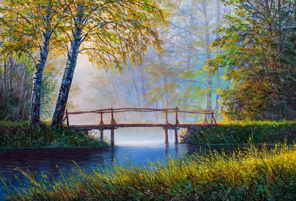 Peinture Huile Paysage Forêt Été Colorée Belle Rivière Avec Pont — Photo