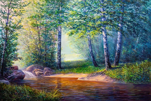 Pintura Óleo Paisaje Colorido Bosque Verano Hermoso Río Con Una —  Fotos de Stock