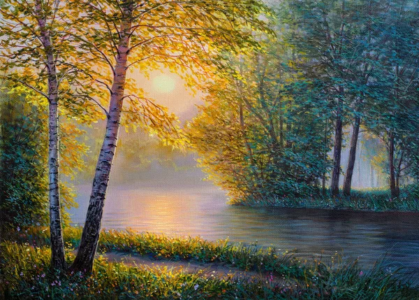 Pintura Óleo Paisaje Bosque Verano Por Mañana Hermoso Río — Foto de Stock