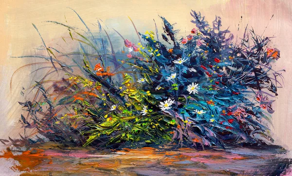 Flores Pintura Óleo Aciano Margarita Los Campos Estilo Impresionista — Foto de Stock