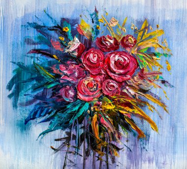 Yağlı boya bir buket gül boyuyor. İzlenimci tarzı.