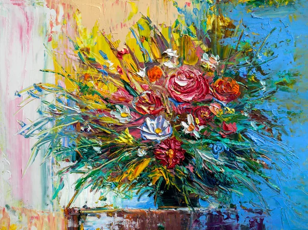 Olejomalba Kytice Růží Impresionistický Styl — Stock fotografie
