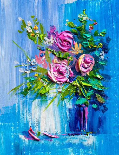 Ölgemälde Eines Straußes Rosen Impressionistischer Stil — Stockfoto