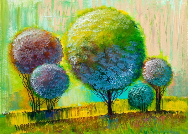 油画风景 五颜六色的树木 手绘印象派 户外景观 — 图库照片