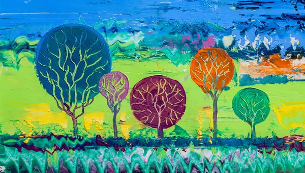 油画风景 五颜六色的树木 手绘印象派 户外景观 — 图库照片